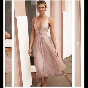 FLOATING BY PLUNGING NECKLINE MESH OVERLAY MIDI DRESS BLUSH